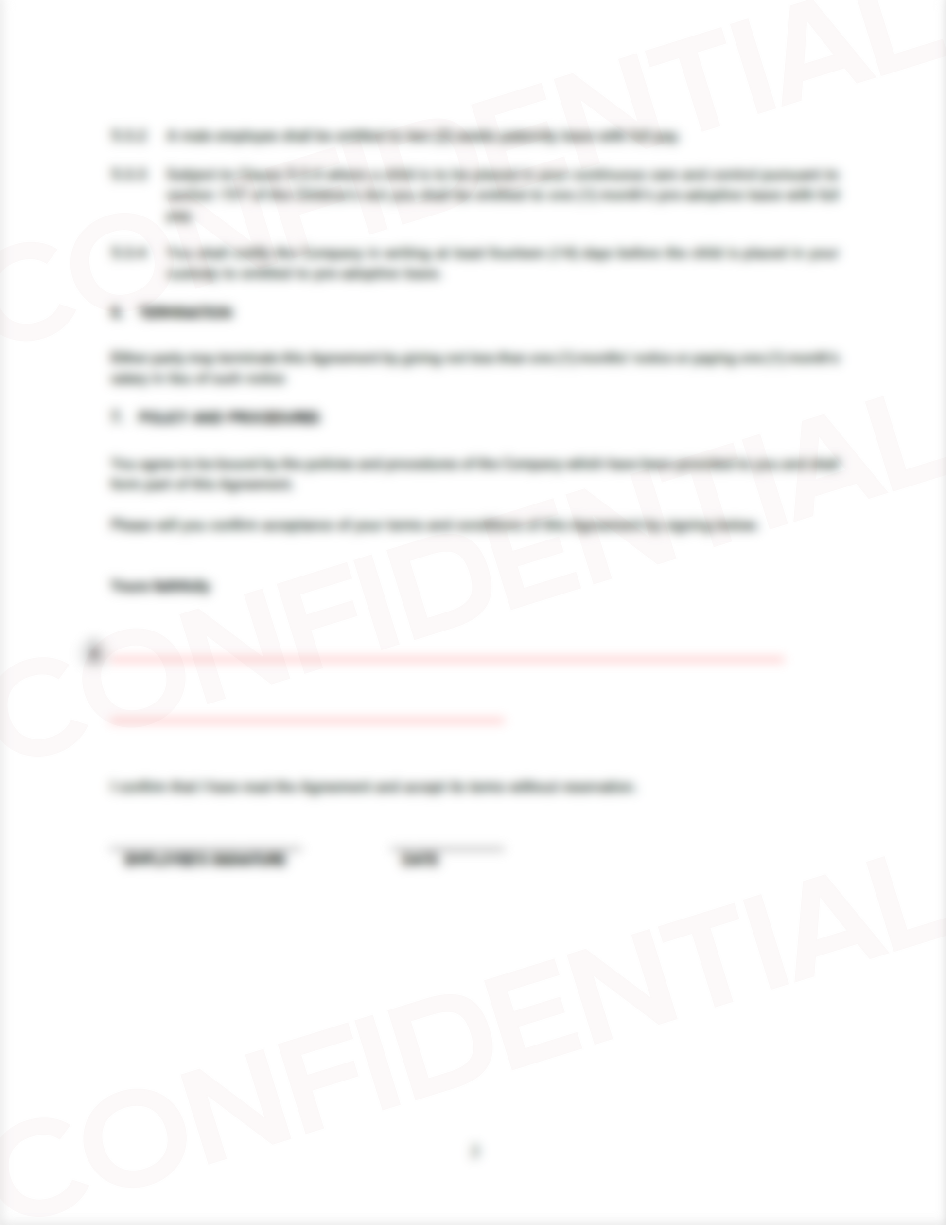 Permanent Employment Agreement template - Legal document for employer and employee rights blurred